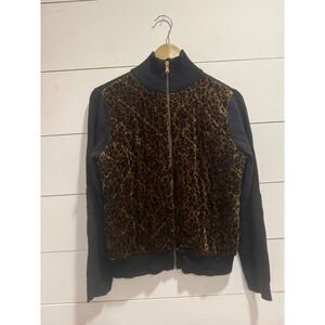 Lauren Ralph Lauren Quilted Leopard Print Velvet Zip Up Sweater/Jacket Silk/Wool